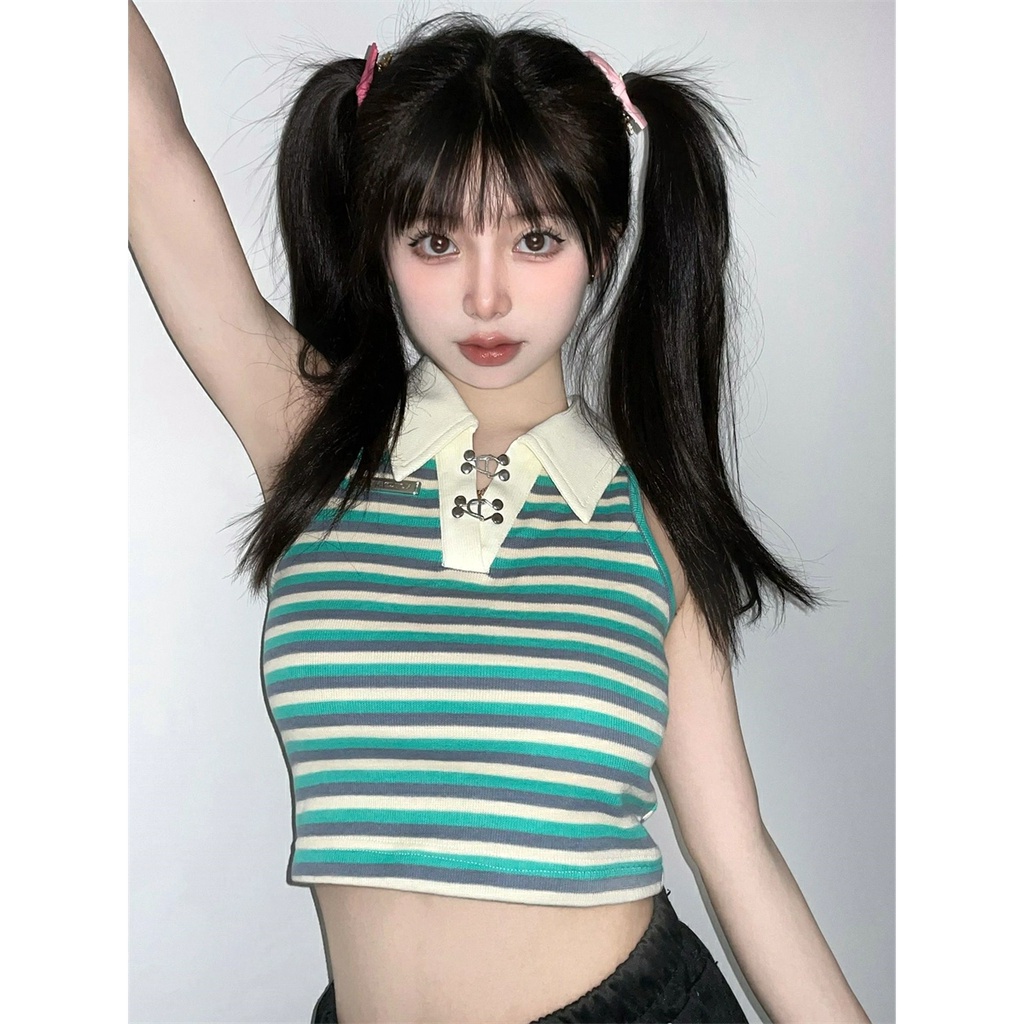 【ZHELIHANGFEI】Áo Sweater Sát Nách Cổ POLO Lưng Cao Kẻ Sọc Thiết Kế Quyến Rũ Cá Tính