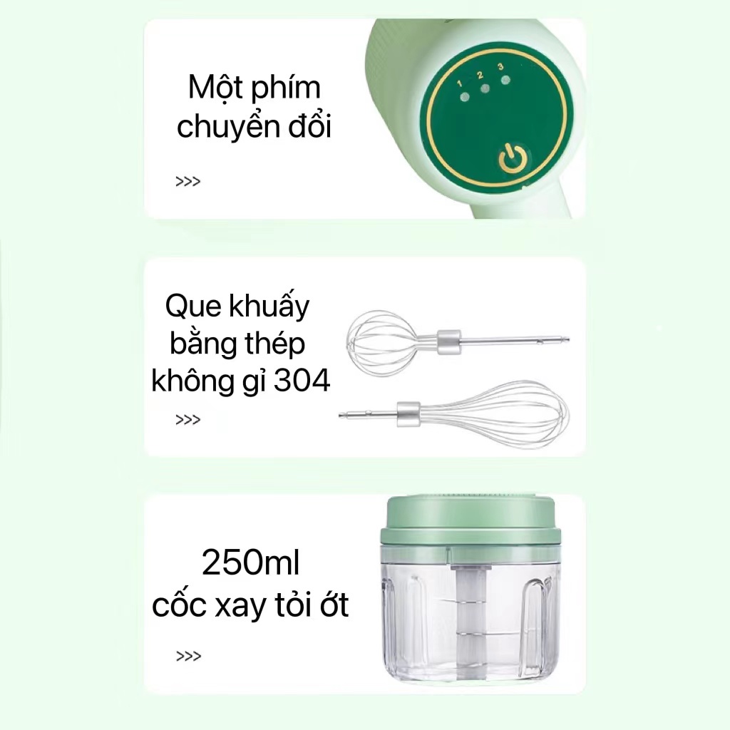 Máy đánh trứng Cầm Tay 3 Tốc Độ Sử Dụng Pin Sạc Cao Cấp--Máy xay tỏi ớt cầm tay Mini dung tích 250ml