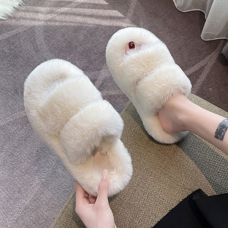 Dép Nữ Đế Dày Phối Lông Thời Trang Thu Đông Dễ Thương