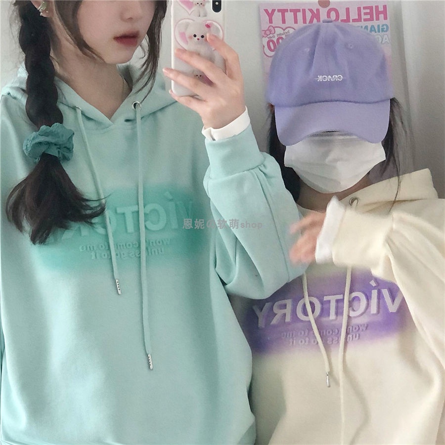 Áo hoodie dáng rộng in chữ mặc vào mùa thu và mùa đông cho nữ