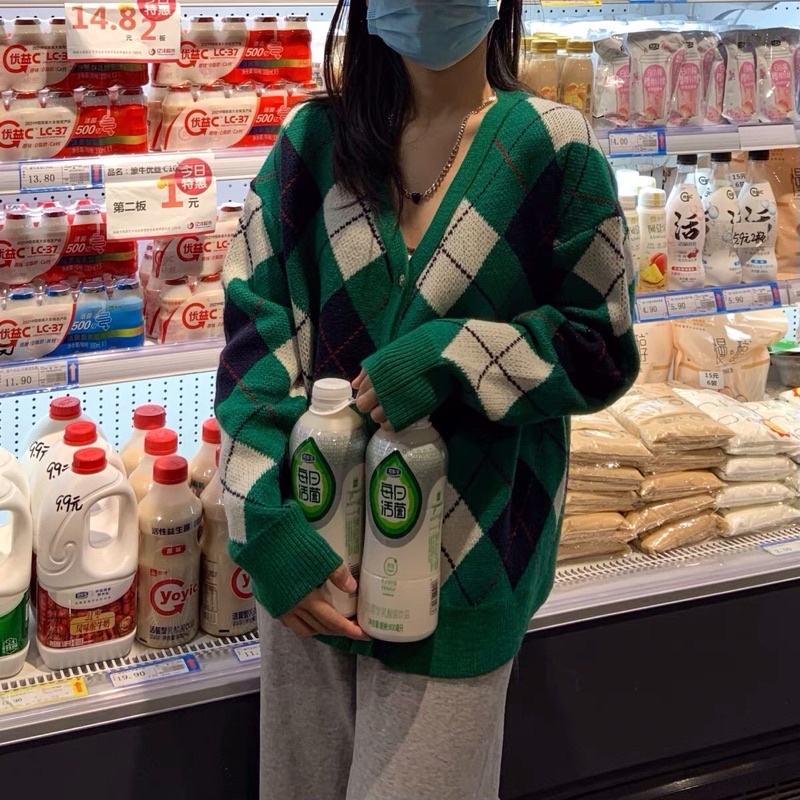 [Sẵn] AL1_Áo cardigan, áo khoác len hoạ tiết kẻ caro ô trám màu xanh lá ulzzang Hàn quốc
