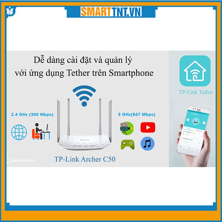 Bộ phát wifi băng tần kép TP-Link Archer C50 Wireless AC1200Mbps mới, hàng đẹp Smarttnt.vn