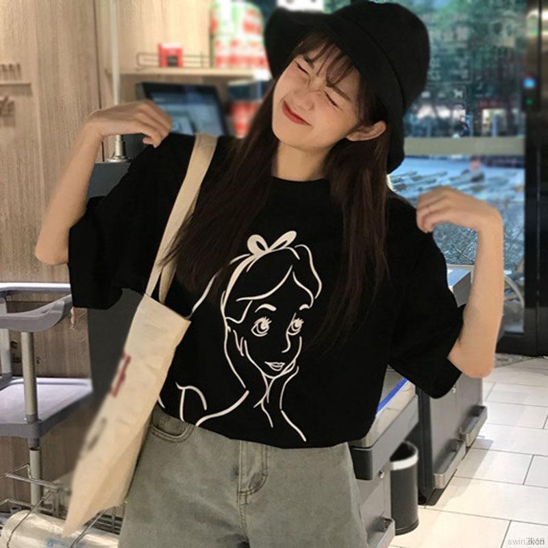 Áo thun tay ngắn in họa tiết hoạt hình phong cách Hàn Quốc dành cho nữ