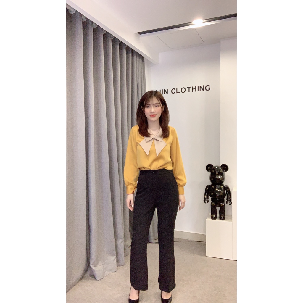 Áo kiểu nữ màu vàng mix cổ nơ dài tay chất vải lụa mặc mát ít nhăn dễ mix đồ Liin Clothing A2266