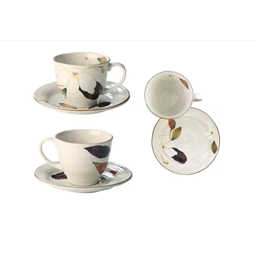 Bộ chén trà và đĩa lót sứ Kiyohara Nhật Bản, Họa tiết hoa