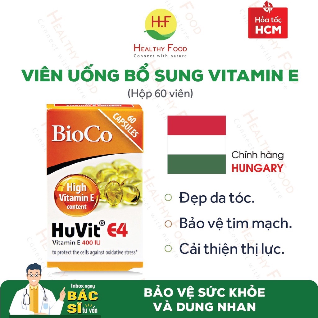 [HÀNG NHẬP CHÂU ÂU] Viên uống vitamin E Bioco Huvit E4 (Hộp 60 viên)- ngăn quá trình lão hóa, làm mờ tàn nhang, vết nám.