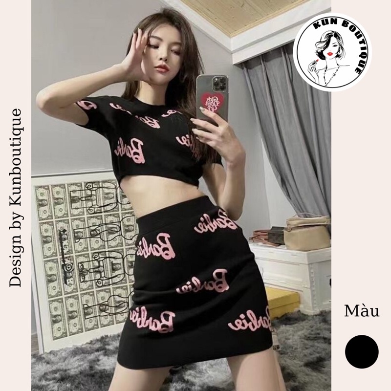 Set áo croptop cổ tròn kèm chân váy bút chì mini barbie hot hit sang chảnh phong cách Thái Lan 2022
