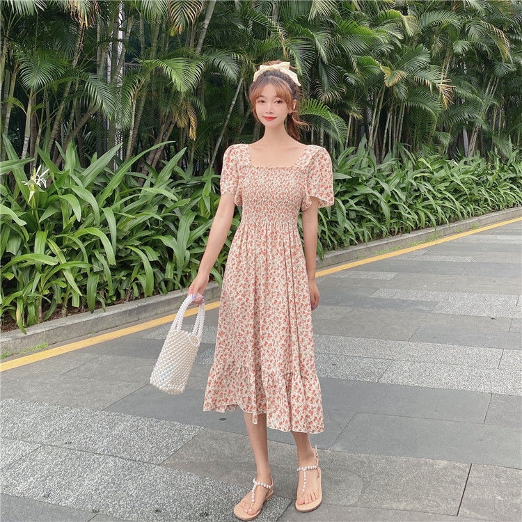 Đầm Maxi Chiffon Tay Ngắn Phối Bèo Họa Tiết Hoa Thanh Lịch Cho Nữ