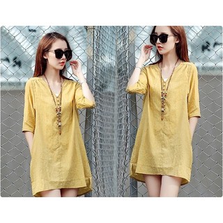 Đầm suông tay lỡ xẻ tà phong cách Hàn Quốc - DS37