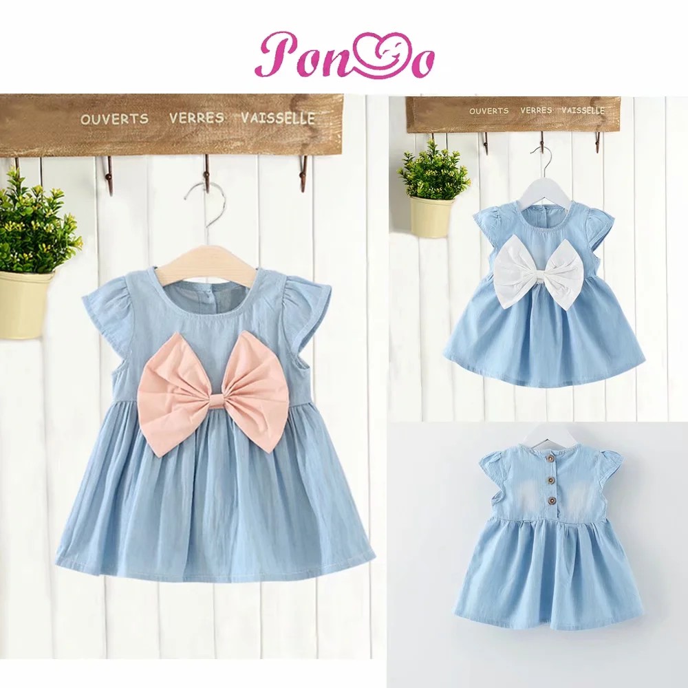 Đầm Denim Xanh Dương Đính Nơ To Dễ Thương Thời Trang Mùa Hè Cho Bé Gái