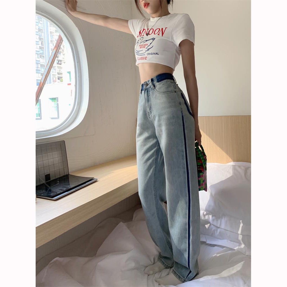 Quần Jean Dài Lưng Cao Dáng Rộng Màu Sắc Tương Phản Thời Trang Mùa Hè 2022 Cho Nữ