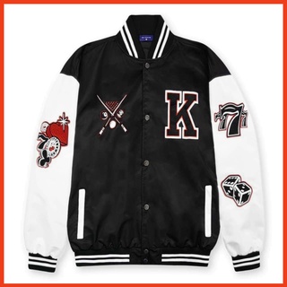 Áo khoác nam nữ bomber dù form rộng cao cấp, áo khoác nỉ nhung tăm chữ K họa tiết tweed đẹp phối gió màu đen hot K078