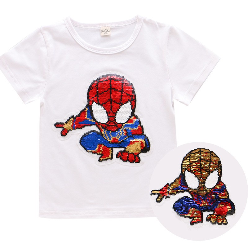 Áo Thun Cotton Đính Kim Sa Thay Đổi Màu Sắc Hình Spiderman Captain America Khủng Long Cho Bé Trai 2-8 Tuổi