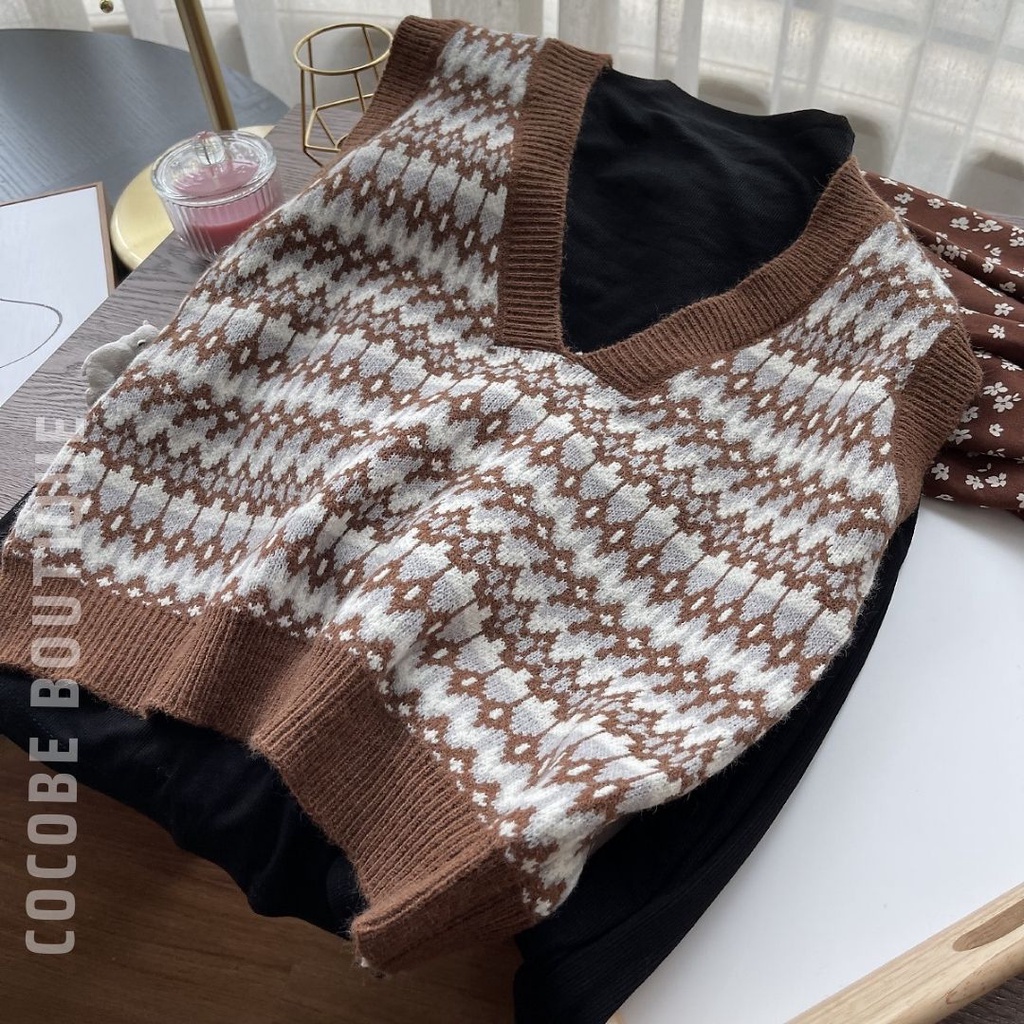 Áo len gile nữ thổ cẩm siêu ấm áp phong cách thời trang thu đông dành cho nữ Cocobe AL02