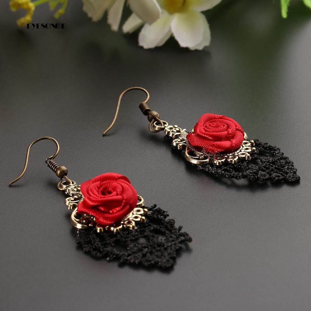 Đôi khuyên tai hoa hồng đỏ vintage cho nữ