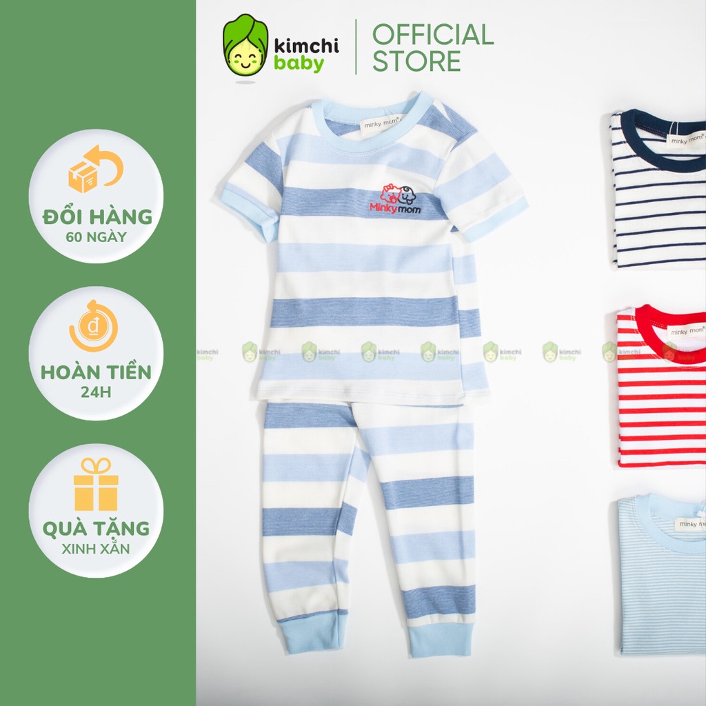 Đồ Bộ Bé Trai, Bé Gái Minky Mom Vải Cotton Borip Kẻ Ngang Thêu Ngực, Bộ Dài Tay Cho Bé Mặc Nhà Thu Đông MKMTD2175