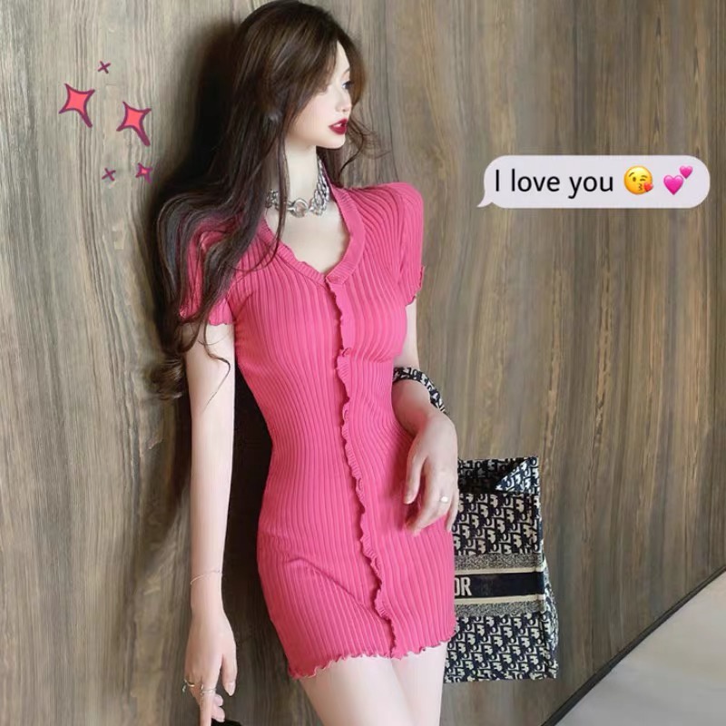 Đầm váy len dệt kim tăm mix viền bèo