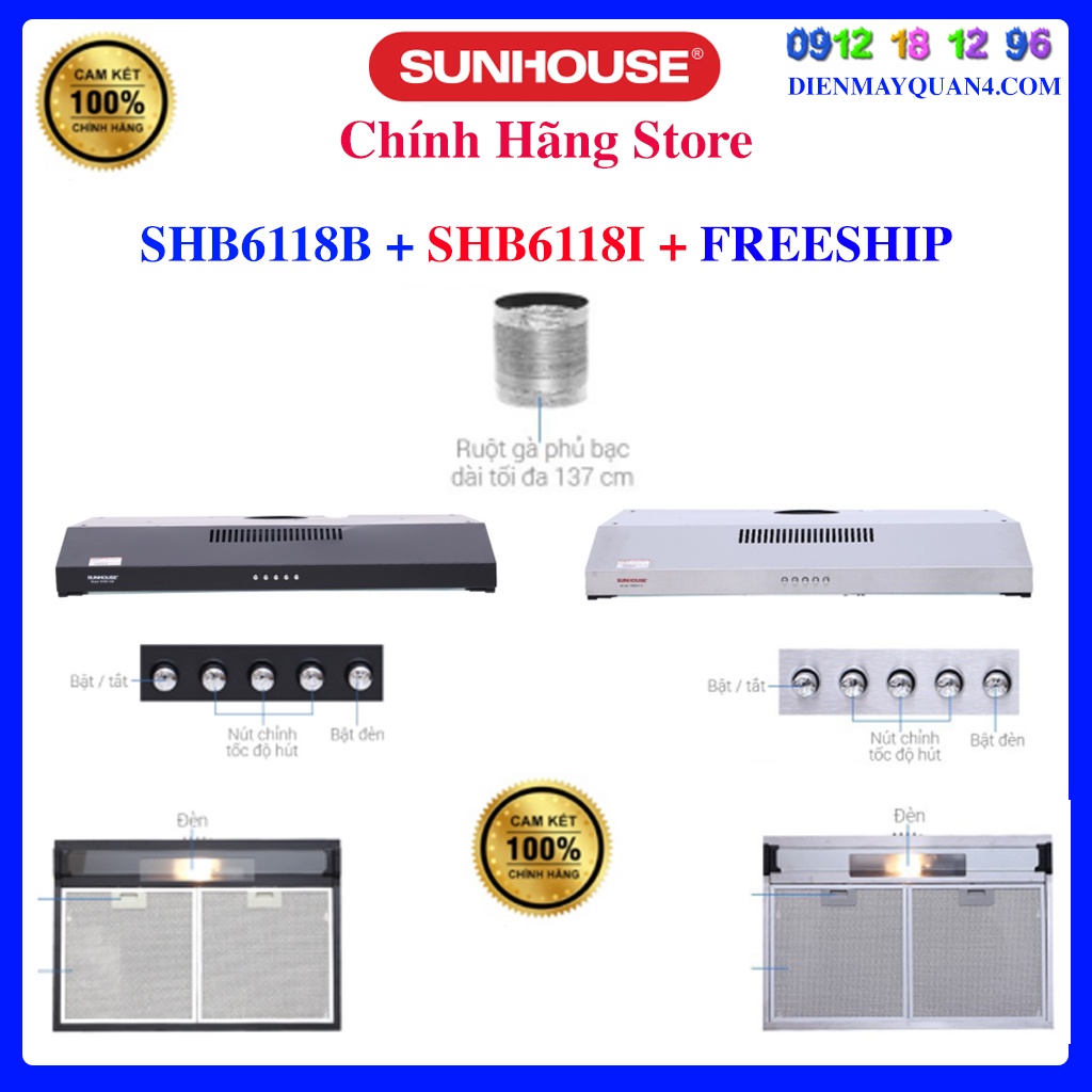 [Mã ELHAMS5 giảm 6% đơn 300K] Máy hút mùi âm tủ Sunhouse SHB6118I - SHB6118B ( Bạc - Đen )