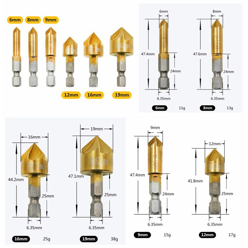 Bộ 6 mũi doa lỗ khoan gỗ 6-19mm