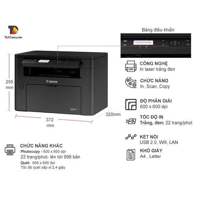 Máy in laser đen trắng Canon MF113w Print Copy Scan Wifi hàng mới chính hãng bảo hành 12 tháng toàn quốc