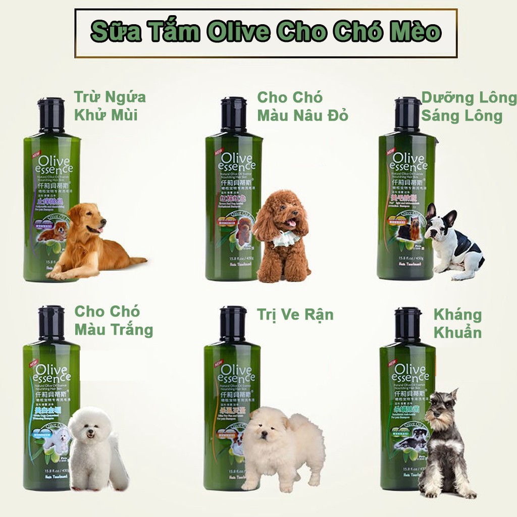 Sữa tắm cho chó loại trị ve rận tinh dầu oliu olive essence 450ml - sữa tắm chó mèo - Long Vũ Pet Food