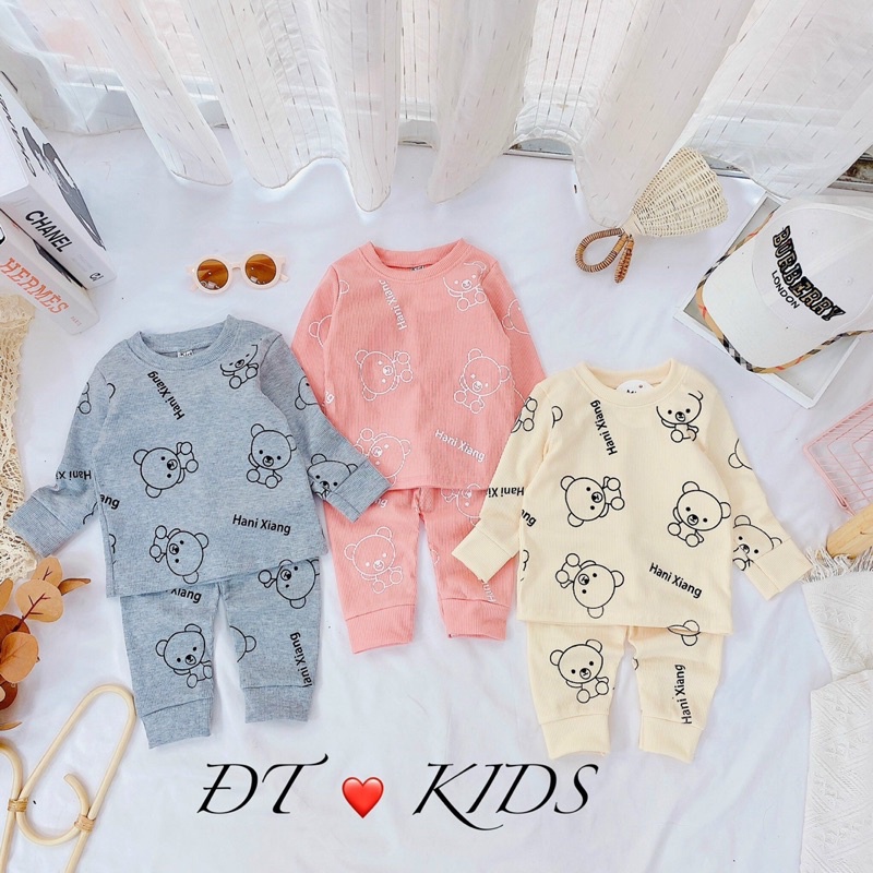 Bộ Dài Tay cotton thun tăm in Hình Gấu toàn thân, Bộ quần áo dài tay bé trai, bé gái Cizi.shop