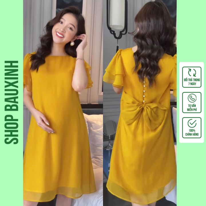 Váy bầu thiết kế nơ sau chất lụa hoa siêu mát-đầm bầu mùa hè xinh mát 3 mầu trẻ trung