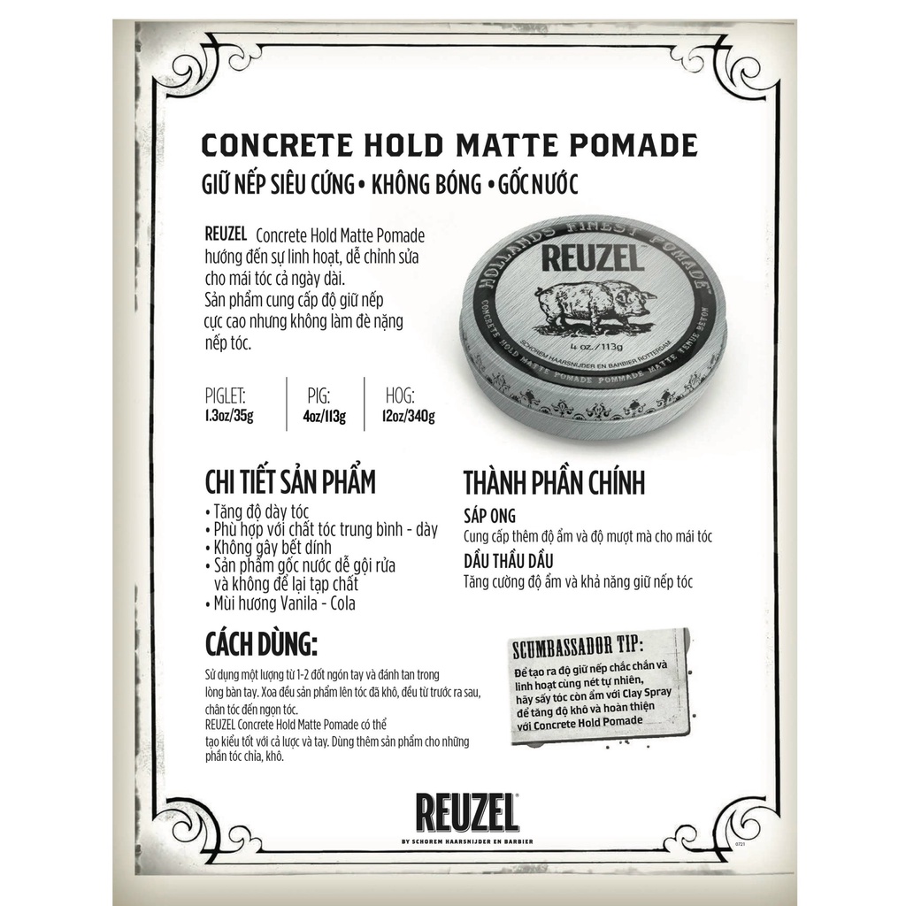 Sáp Vuốt Tóc Nam REUZEL Concrete Pomade - Hàng Chính Hãng  + Xịt Dưỡng Tóc Reuzel Tonic 20ml + Lược Chải Tóc Pomade