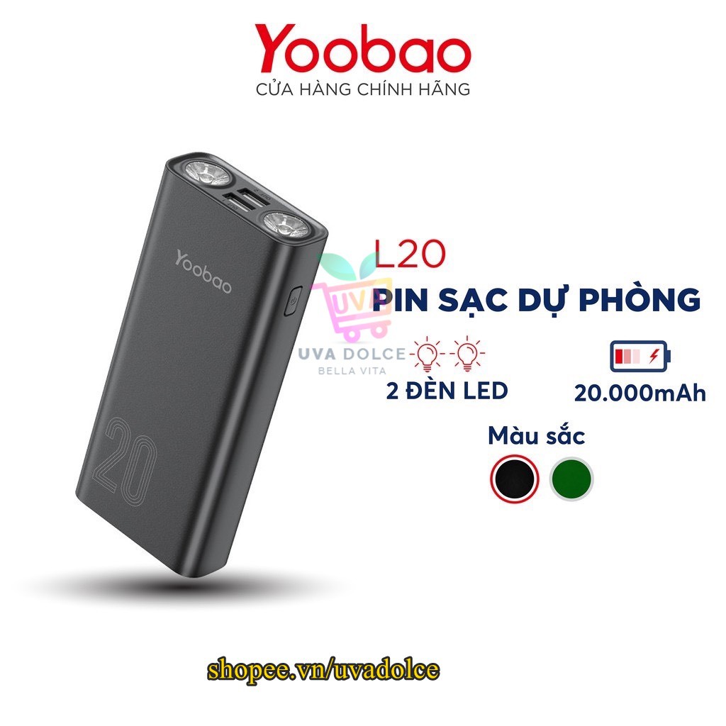 Sạc Dự Phòng 20000mAh Yoobao L20 Siêu Bền Tích Hợp 2 Đèn Led Siêu Sáng [Bảo Hành Chính Hãng]