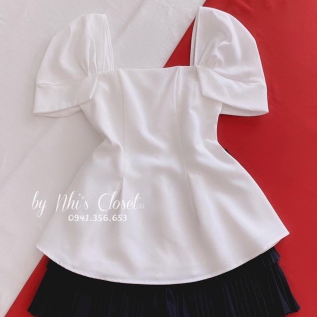 Áo peplum cổ vuông tay đúp phồng (Ảnh chụp thật)