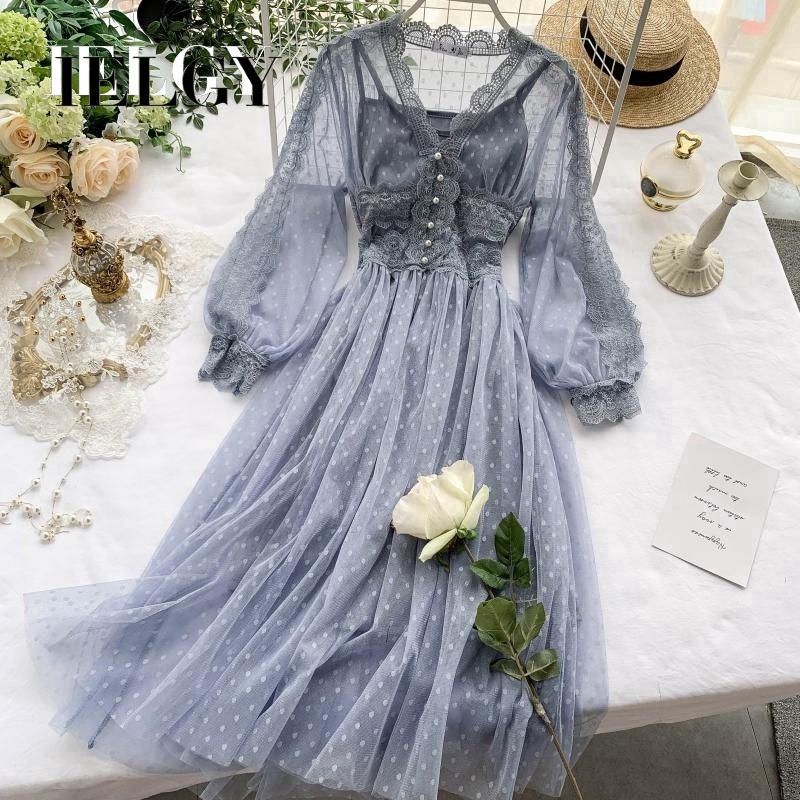 IELGY Đầm Dáng Dài Phối Lưới Thiết Kế Ngọt Ngào Thời Trang Mới Cho Nữ