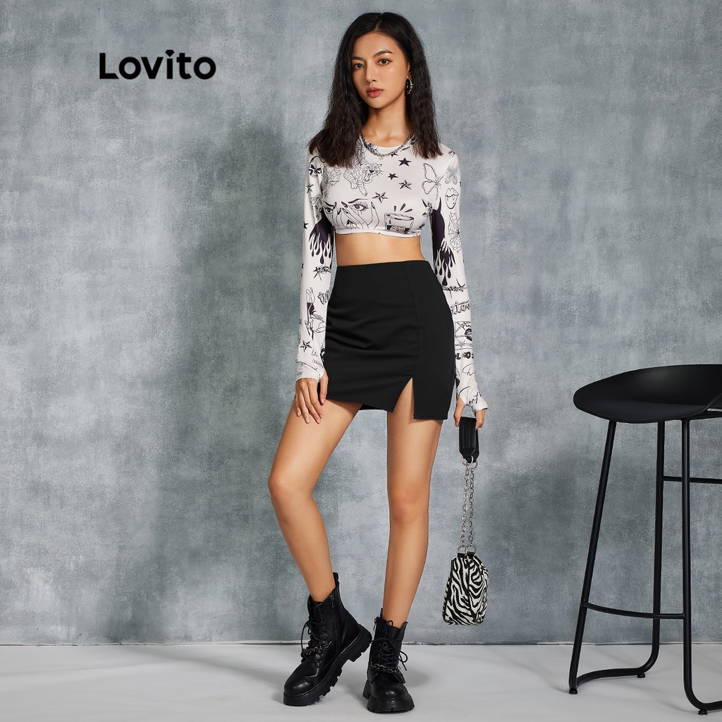 Lovito Váy mini xẻ tà đơn giản L20D1127 (Đen)
