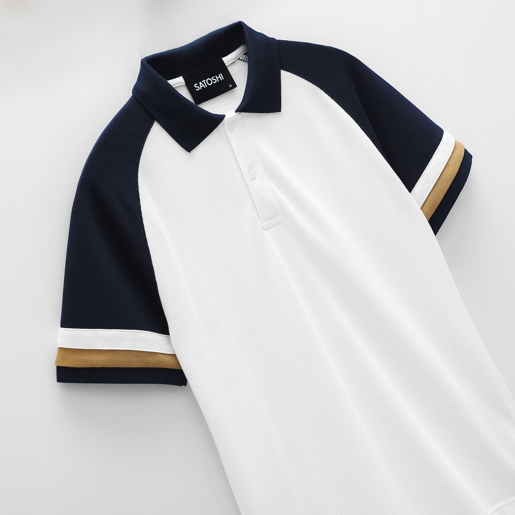 | Satoshi | Áo Polo nam SAPL68  Diamond Pique Raglan màu trắng viền cổ navy phối tay xanh