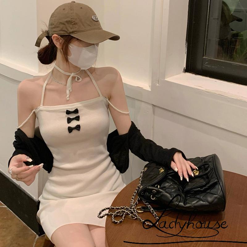 Đầm Ôm Dáng Hai Dây Cột Nơ Đính Ngọc Trai Nhân Tạo Thời Trang Cho Nữ