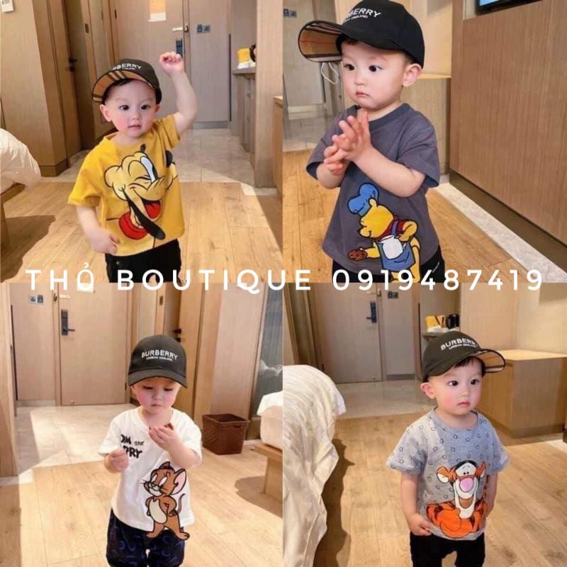Áo thun bé unisex J&Y KIDS xuất xịn thun cotton cổ tròn tay ngắn in hoạt hình xám, vàng, trắng size 6