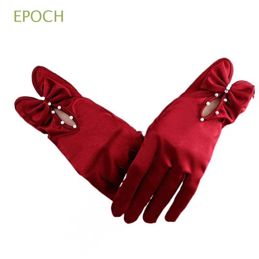 Epoch Găng Tay Satin Đính Nơ Ngọc Trai Màu Đỏ Phong Cách Lolita Dành Cho Cô Dâu