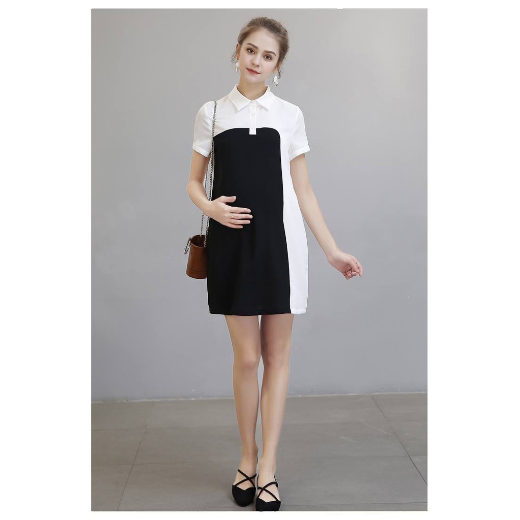 Đầm bầu đẹp - váy bầu thời trang thiết kế đen phối trắng lạ mắt cao cấp HD03 - Shop Mẹ Ken