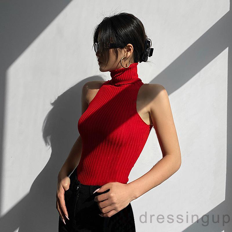 Áo Dệt Kim Không Tay Cổ Cao Màu Sắc Trơn Thời Trang Mùa Hè Cho Nữ