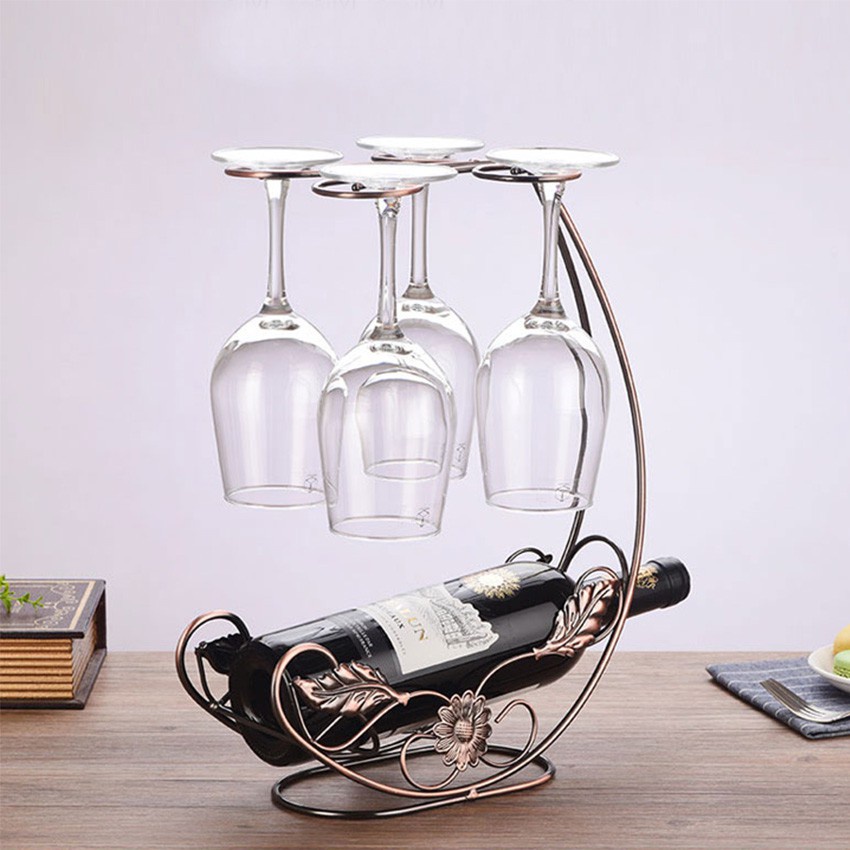 Kệ để rượu kèm giá treo 4 ly vang, Giá đỡ rượu vang có móc treo 4 ly trang trí bàn ăn & quầy bar
