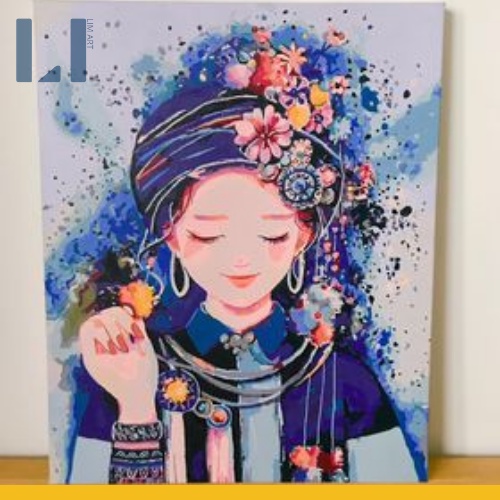 Tranh sơn dầu số hoá có khung LIM Art - Tranh tô màu theo số cô gái dân tộc