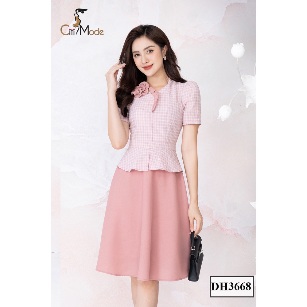 Đầm nữ thiết kế CITI MODE dáng xoè peplum hồng cổ cách điệu DH3668