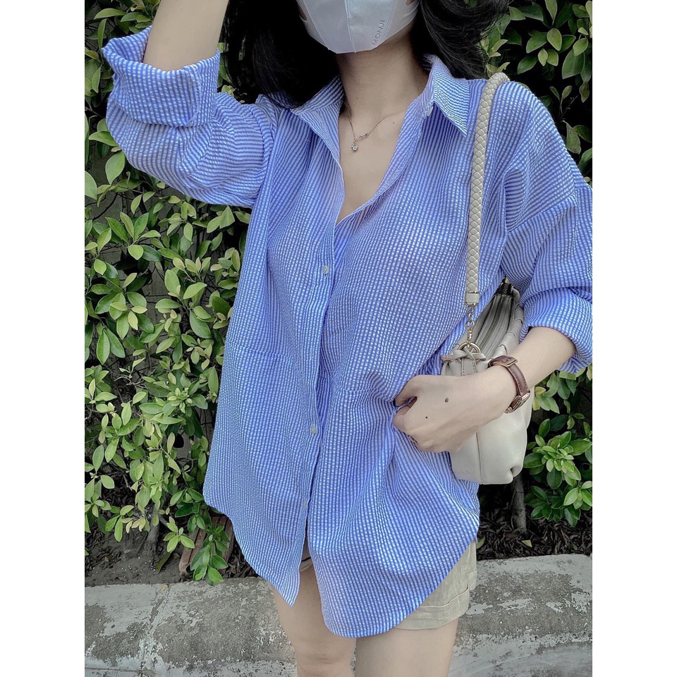 Áo sơ mi xanh đũi xốp form rộng áo sơ mi nữ ulzzang LD119 | BigBuy360 - bigbuy360.vn