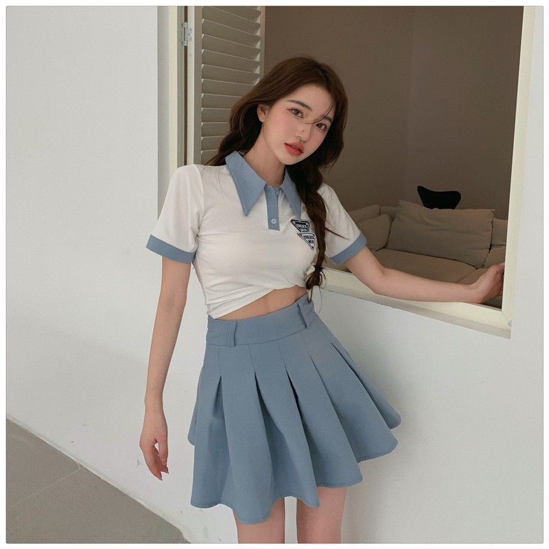 Ready Stock College style age-reducing POLO collar letter label short-sleeved T-shirt + high-waist pleated skirt suit female summer two-piece suit