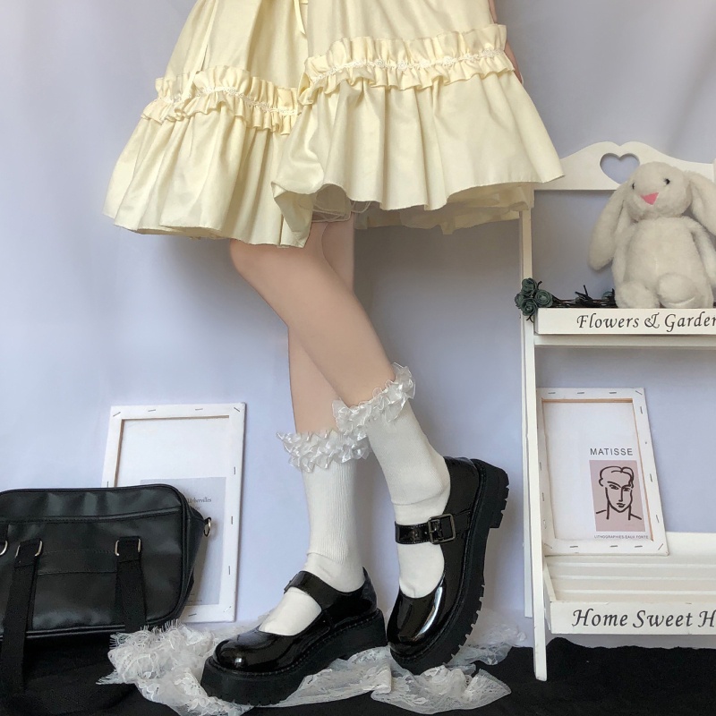 Xiangbao Vớ Cotton Nhún Bèo Màu Trơn Phong Cách Harajuku Nhật Bản Ngọt Ngào Mùa Hè Cho Nữ