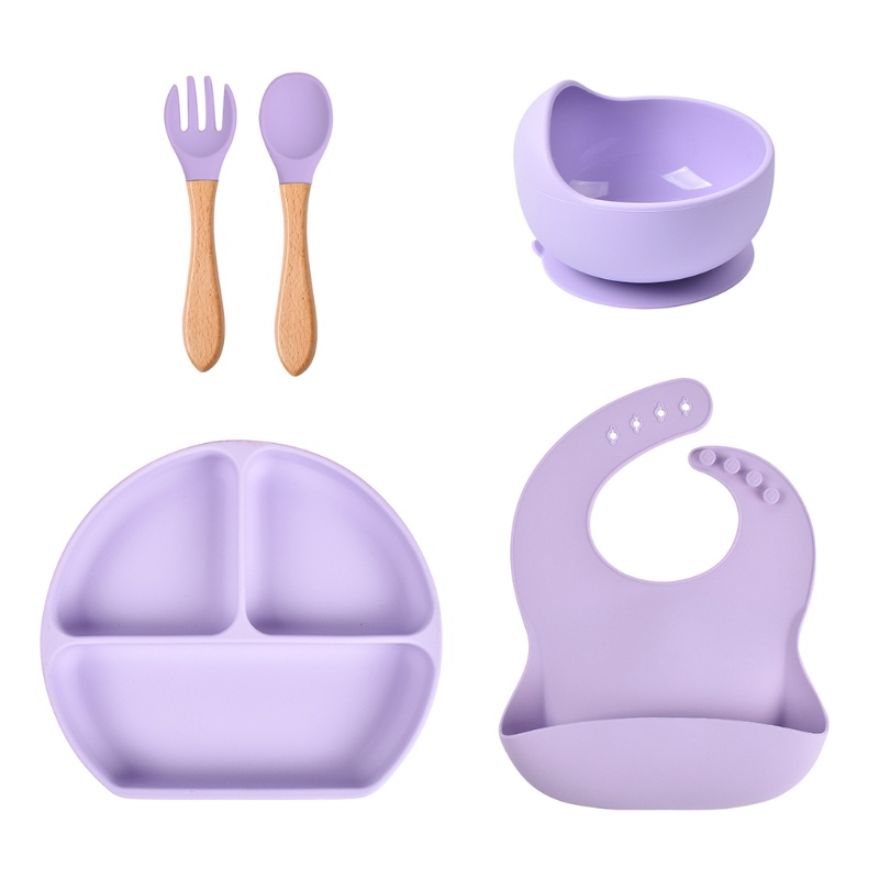 Set 5 Món Bát / Muỗng / Nĩa Tập Ăn Chia Ngăn Bằng Silicone Dành Cho Bé