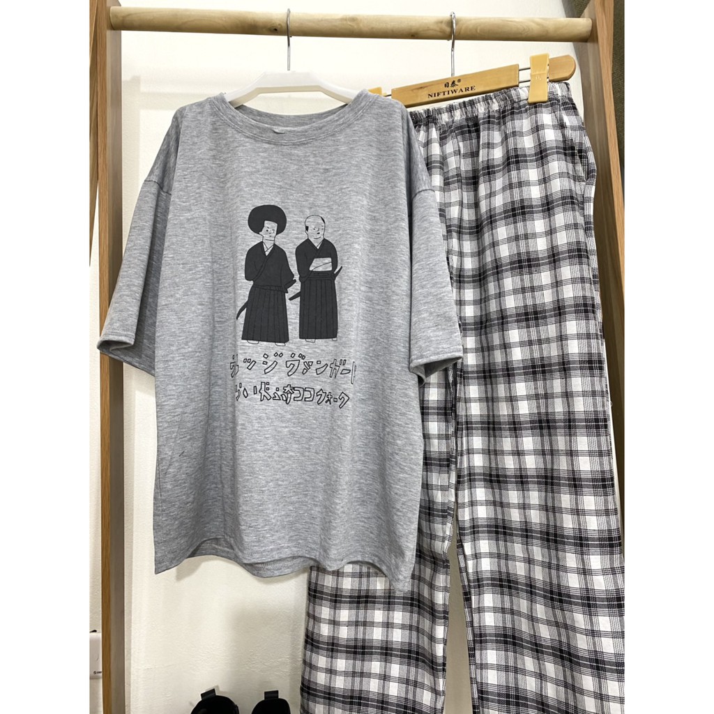 Set bộ xám quần kẻ KA Closet tông xuyệt tông,áo chất cotton loại 1, quần chất kẻ thô, hàng hot 2021