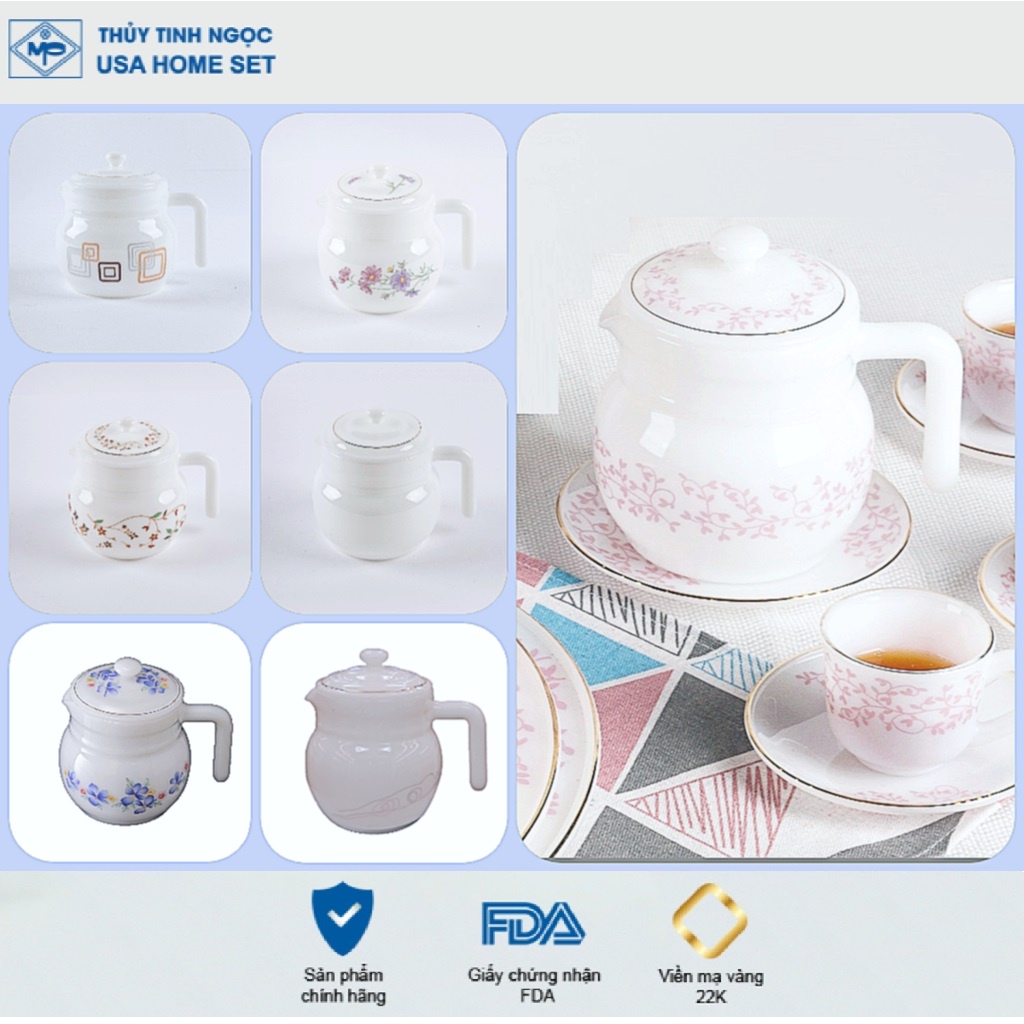 Ấm trà 700ml viền vàng 22K các mẫu hoa văn thủy tinh ngọc USA Homeset cao cấp nhập khẩu chính hãng