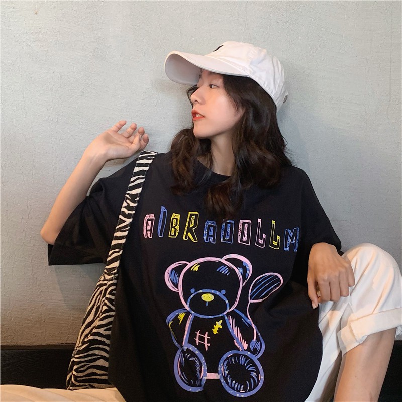 Áo phông tay lỡ unisex BEAR DRAW 2021, Áo phông nữ form rộng màu trắng đen chất cotton thời trang Ulzzang quảng châu | BigBuy360 - bigbuy360.vn