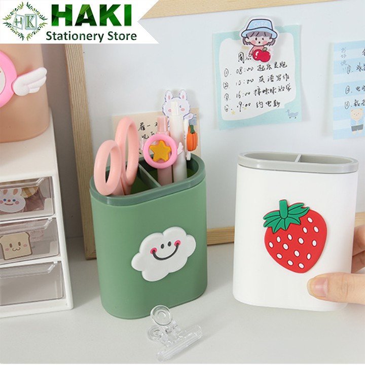 Ống cắm bút 2 ngăn HAKI, ống cắm bút đa năng đựng bút phụ kiện văn phòng phẩm OB02