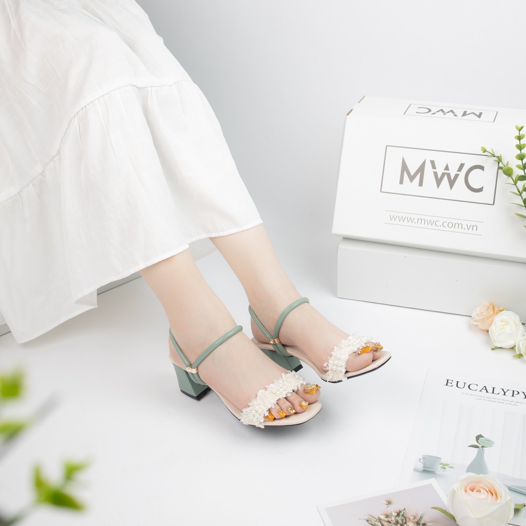 Giày Sandal Cao Gót MWC Đế Vuông 5CM Quai Ngang Phối Ren NUCG-3917